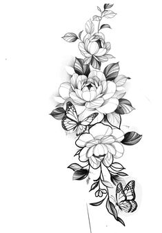 a black and white drawing of flowers with butterflies on the top right side of it