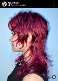 Female Mullet Wavy Hair, Mullet Money Piece, Dark Red Mullet, Red Shaggy Hair, Red Mullet Hair, Red Hair Mullet, Long Shag Mullet, 80s Shag, Goth Mullet