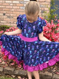 Jellyfish twirl dress. Bow back is fun but school appropriate, huge twirl, flutter sleeves, soft and stretchy material. Fun and cute jellyfish design Dress Bow Back, Cute Jellyfish, Jellyfish Design, Dress Bow, Lafayette La, Twirl Dress, Bow Back, Flutter Sleeves, Jellyfish