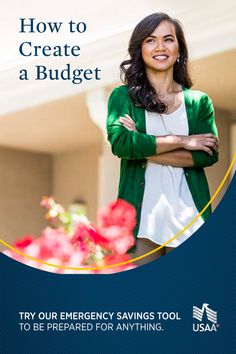 a woman standing in front of flowers with her arms crossed and the words how to create a budget