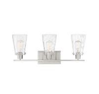 three light bathroom fixture with clear glass shades on the front and back sides, in brushed steel finish