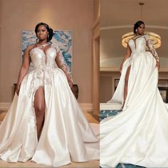 two pictures of the same woman in wedding dresses, one is wearing a high slited skirt