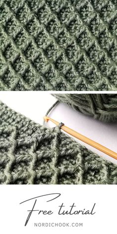 the crochet pattern is being worked on by knitting needles and yarn in green