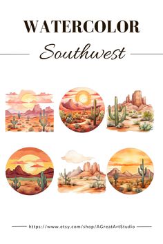 the watercolor southwest landscape is shown in four different colors