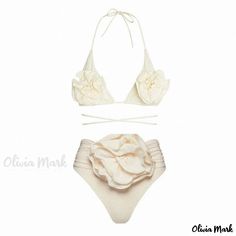 Olivia Mark - Elegant Rosette Applique Ruched Triangle Bikini Set - Fashionable and Flattering Elegant Fitted Cream Swimwear, Elegant Cream Swimwear For Spring, Elegant Cream Swimwear For Summer, Cream Fitted Swimwear For Party, Fitted Cream Swimwear For Party, Chic Cream Swimwear For The Beach, Chic Cream Swimwear For Vacation, Feminine Halter Neck Swimwear For Summer, Cream Beachwear Swimwear For Spring