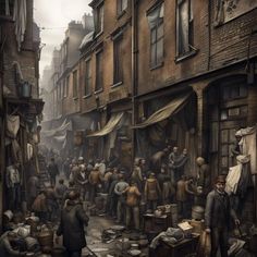 a painting of people in an old city street