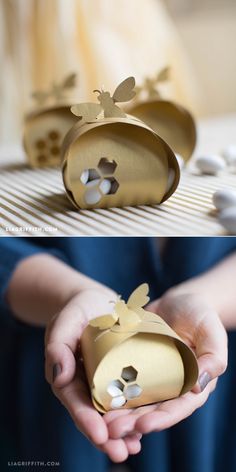 two pictures showing the inside of an egg carton with paper butterflies on top and bottom