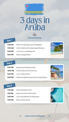 the three days in arubaa flyer is shown with photos and text on it