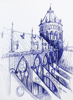 a drawing of a bridge with a clock tower in the background