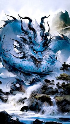 a painting of a blue dragon flying over rocks and water with mountains in the background