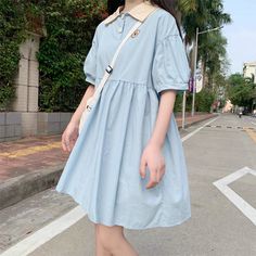 Brand Name: BONNTEESilhouette: A-LINESeason: SummerNeckline: Turn-down CollarSleeve Style: Puff SleeveDecoration: ButtonStyle: CasualDresses Length: Knee-LengthMaterial: CottonMaterial: PolyesterAge: Ages 16-28 Years OldModel Number: xqy882Sleeve Length(cm): ShortWaistline: empirePattern Type: CartoonSize: S M L XL 2XLColor: pink blue navy blueSeason: spring summerCondition: dailyModel number: women dressFabric: cotton polyesterStyle: Korean styleFeature1: chicFeature2: trendyFeature3: all-match Girls Midi, Dresses Holiday, Kawaii Dress, Midi Dress With Sleeves, Plus Size Womens Clothing, Japan Fashion, Looks Vintage, Women's Summer Fashion, Kawaii Fashion