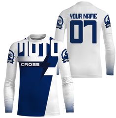 a white and blue soccer jersey with the number 01 on it