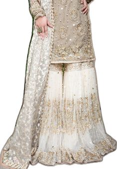 Pakistani designer embroidered white gharara dress White Floor-length Chinon Sharara, White Embroidered Party Dress, White Floor-length Chinon Dress, White Floor-length Palazzo Set With Dabka Work, White Dabka Work Sharara For Party, White Sharara With Intricate Embroidery For Party Wear, White Party Wear Sharara With Dabka Work, White Sharara With Resham Embroidery, White Chinon Sharara With Resham Embroidery