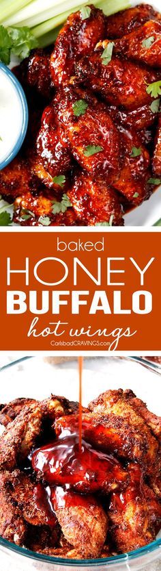 baked honey buffalo wings with ketchup being drizzled over them and served on a platter