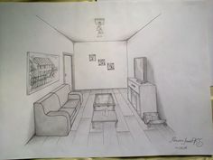 a drawing of a living room with couch, coffee table and television in the corner