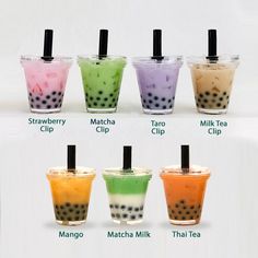 six different types of bubble tea in cups