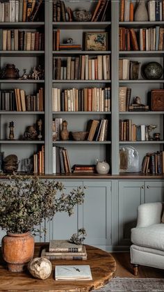 Wall To Wall Built Ins Living Room, 3 Bookshelves Together, Library With Game Table, Cool Small Office Design, Library Shelf Styling, Styling Library Bookshelves, Book Case Decorating Ideas Display, Built In Book Shelf Ideas, Dining Room Separate From Living Room