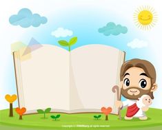 an open book with a man holding a baby in front of it and flowers on the ground