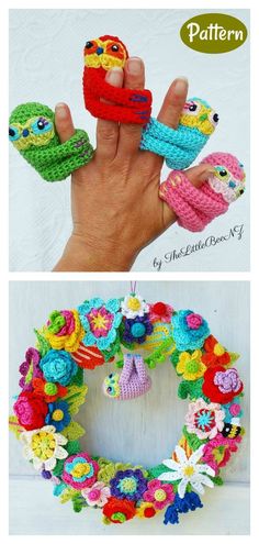 crocheted wreaths made with yarn and flowers are shown in two different ways