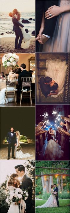 a collage of wedding photos with the bride and groom holding sparklers