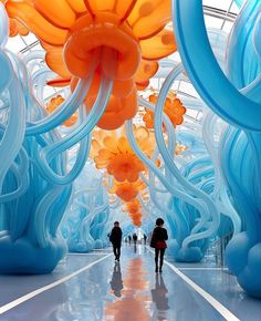 two people are walking through an art installation with orange and blue balloons hanging from the ceiling