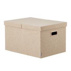 a large beige storage box with handles