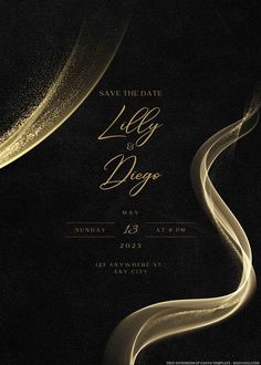 an elegant black and gold wedding save the date card with swirly lines on it