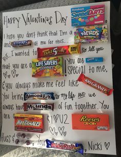 a valentine's day card with candy on it and handwritten message to someone