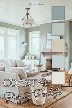 Coastal Paint Palette With Hex Codes and Sherwin-Williams Paint Colors Mid Century Modern Coastal Color Palette, Paint Color Inspiration Interiors, Modern Coastal Paint Colors, Beach House Colors Interior Walls, Sunroom Paint Colors, Deck Paint Colors