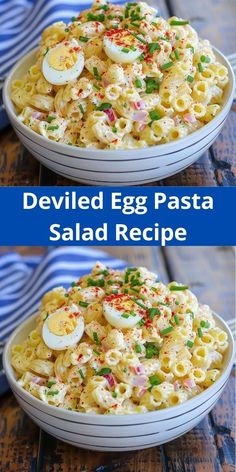 two bowls filled with deviled egg pasta salad on top of a blue and white striped table