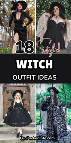 Image showcases four witch outfit ideas with bold text "18 Stylish Witch Outfit Ideas." Featured outfits include a black shimmering dress with a witch hat, a gothic lace dress with flowing sleeves, a Victorian-inspired black buttoned gown, and a long patterned witchy robe paired with a cauldron-shaped bag.