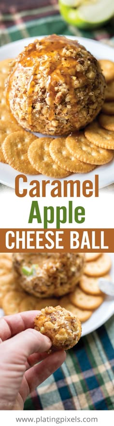 an apple cheese ball on a plate with crackers in the background and text overlay that reads caramel apple cheese ball