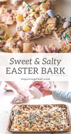 an image of sweet and salty easter bark recipe on a baking sheet with text overlay