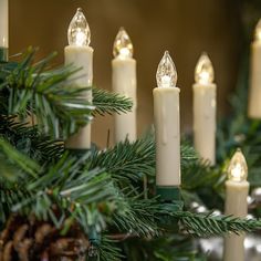 several lit candles are hanging from a christmas tree