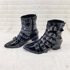 1 1/2" (38mm) Block Heel Pointed Toe Winkle-Picker Style Calf High Boot Featuring Multi Double Grommet Buckle Straps, Back Zip Closure Authentic Demonia New In Box Emo Boots, Calf High Boots, Goth Boots, Gothic Boots, Demonia Shoes, Gothic Shoes, Punk Boots, Black Platform Boots, Buckle Ankle Boots