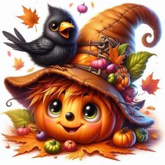 a bird sitting on top of a pumpkin wearing a hat with leaves and acorns