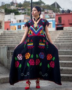 This beautiful floral dress is completely hand embroidered by Mexican artisans, it is ideal for a formal occasion or Bridesmaid in any event, comfortable and beautiful. Una obra de arte  bordado en punto de cruz  por ambos lados. Fits  size  S-M It has hand embroidered flowers  This dress is handmade by Mexican Artisans in San felipe de Usila. We recommend washing by hand with cold water, tender in the shade, to better preserve the original color Mexican Style Dresses, Beautiful Floral Dresses, Hand Embroidered Flowers, Mexican Dresses, Long Maxi, Mexican Style, Reception Dress, Handmade Dresses, Formal Occasion