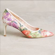 Colorful Cotton Lace And Synthetic Mesh Uppers. Leather Insole And Sole. Comfortable Fit And True To Size. 3” Heel. Beautiful And Comfortable. New In Box. Pet And Smoke Free Home. D3-R2 Spring Lace Heels With Pointed Toe, Elegant Low Heel Heels With Floral Print, Elegant Low Heel Floral Print Heels, Spring Lace Heels, Elegant Multicolor Wedding Heels, Elegant Fitted Multicolor Heels, Lace Almond Toe Heels For Spring, Spring Lace Heels With Almond Toe, Fitted Lace Heels For Spring