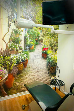 a room with flowers and plants in pots on the wall next to a tv screen