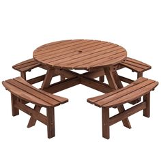 a wooden picnic table with two benches on it and one bench at the end is made out of wood