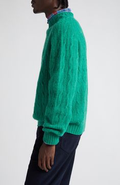 Brushed wool brings luxurious softness and comfort to a classic cable-knit sweater in a roomy fit that works layered or on its own. 26" length (size Medium) Crewneck Long sleeves Ribbed cuffs and hem 100% wool Dry clean Made in the UK Designer Clothing Green Wool Sweater With Textured Knit, Green Wool Textured Knit Sweater, Green Textured Wool Sweater, Green Cable Knit Turtleneck Sweater, Green Mohair Crew Neck Sweater, Fall Mohair Cable Knit Sweater, Cozy Green Cable Knit Sweater, Classic Green Cable Knit Sweater, Green Wool Cable Knit Sweater