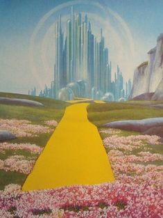 a painting of a yellow path leading to a castle in the distance with pink flowers