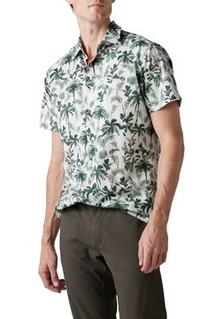 This breathable cotton sport shirt features a tropical print that takes you from desk to barbecue with ease. 29" length; 43" chest (size Medium) Point collar Short sleeves 100% cotton Machine wash, line dry Imported Green Short Sleeve Shirt With Palm Tree Print, Tropical Printed Button-up Top, White Cotton Tropical Camp Shirt, White Tropical Cotton Camp Shirt, Tropical Palm Tree Print Top With Relaxed Fit, Casual Shirt With Palm Tree Print And Camp Collar, Hawaiian Button-up Top With Palm Tree Print, Hawaiian Button-up Tops With Palm Tree Print, Casual Collared Camp Shirt With Palm Tree Print