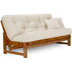 a wooden futon with two pillows on it's back and the top half off