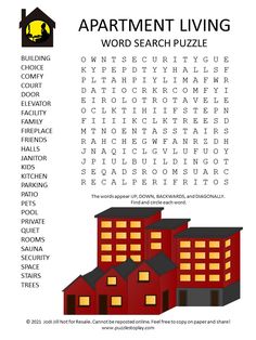 the apartment living word search puzzle is shown in red and black with yellow lights on it