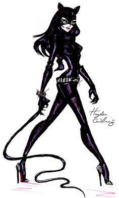 a drawing of a catwoman in black catsuit holding a whip with her hands