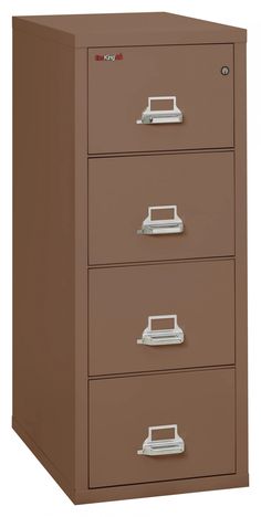 four drawer file cabinet with lockable drawers on the front and bottom, shown in light brown