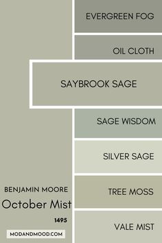 Benjamin Moore October Mist swatched beside similar colors, with a large swatch of Saybrook Sage over the others. Silver Sage Benjamin Moore, Benjamin Moore Green Gray, Green Paint Colors Benjamin Moore, Saybrook Sage, Benjamin Moore Paint Colors Gray, Sage Paint Color, October Mist, Benjamin Moore Bedroom, Benjamin Moore Green