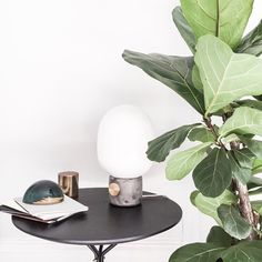 a black table with a white ball on it and some green plants in the corner