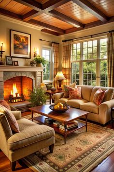 a living room filled with furniture and a fire place in the middle of a room